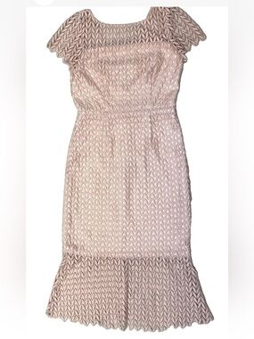 Kay Unger Tatum Dress Lace Overlay Midi Boat Neck Short Sleeve Pink Sz 6